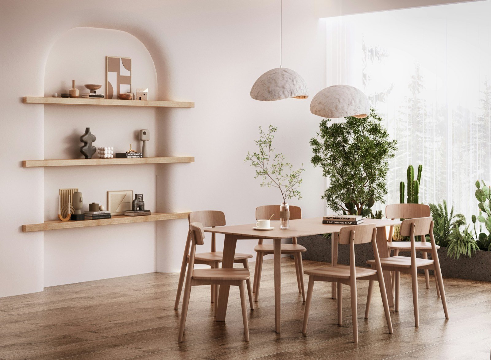Immersive minimalist living room with micro-cement walls and warm sunlight patterns