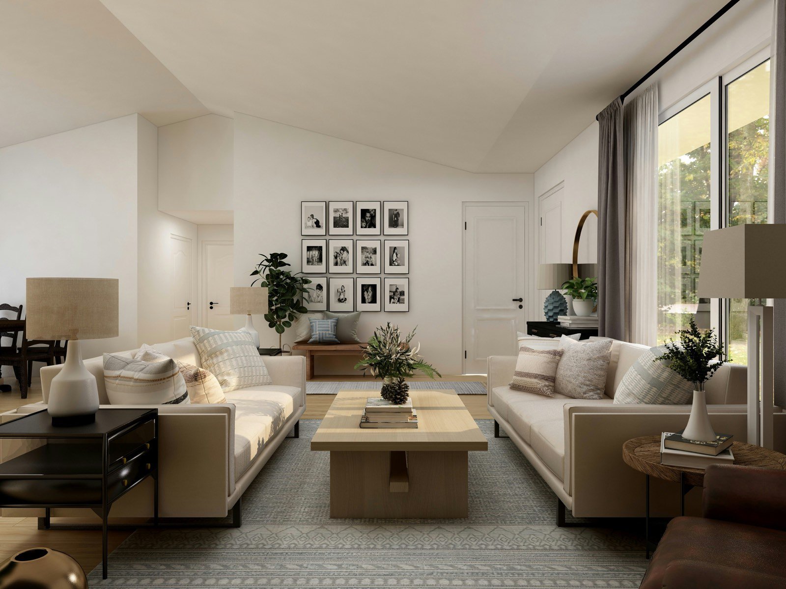 Natural textures - micro-cement, brushed oak, and natural linen in a minimalist interior