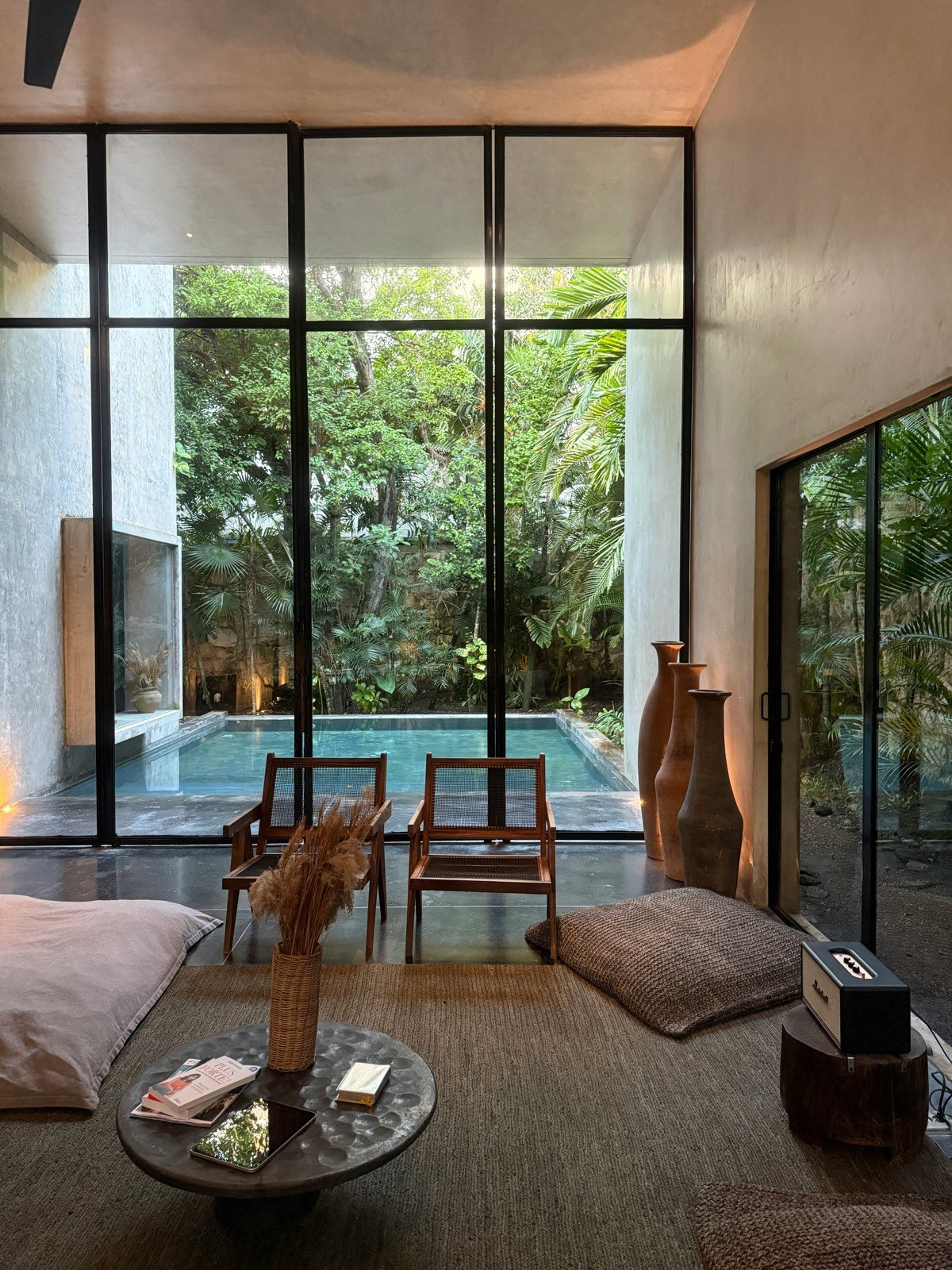 Cozy minimalist sanctuary interior with warm tones and natural materials